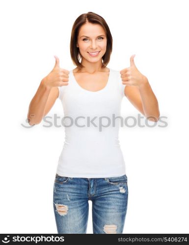 happy people concept - woman in blank white t-shirt showing thumbs up