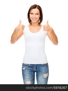 happy people concept - woman in blank white t-shirt showing thumbs up. woman showing thumbs up