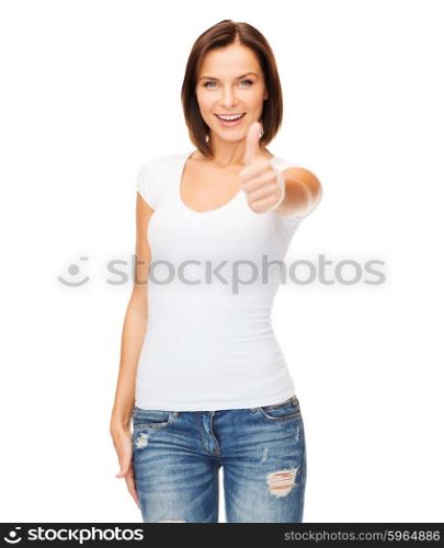 happy people concept - woman in blank white t-shirt showing thumbs up. woman showing thumbs up