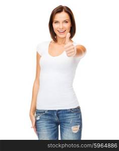 happy people concept - woman in blank white t-shirt showing thumbs up. woman showing thumbs up