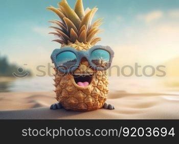 Happy pineapple character on beach. Creative tropical fresh. Generate Ai. Happy pineapple character on beach. Generate Ai