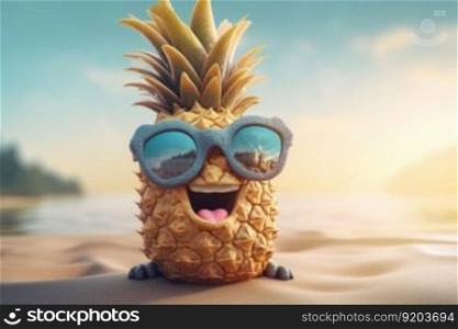 Happy pineapple character on beach. Creative tropical fresh. Generate Ai. Happy pineapple character on beach. Generate Ai