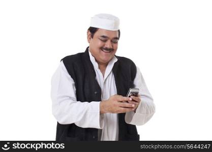 Happy politician texting over white background