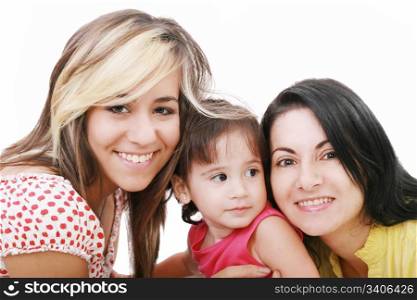 Happy portrait of beautiful young mother with two daughter looking to camera, isolated on white