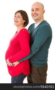 happy pregnant couple posing on white background