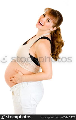 Happy pregnant holding her tummy isolated on white background&#xA;