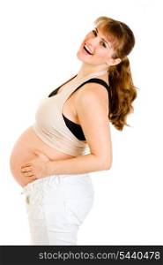 Happy pregnant holding her tummy isolated on white background&#xA;