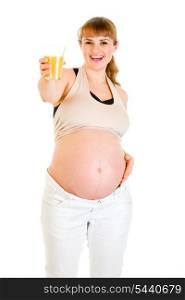 Happy pregnant woman holding glass of juice in hand isolated on white&#xA;