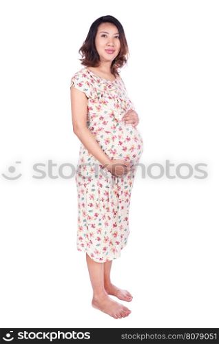 happy pregnant woman in dress isolated on white background