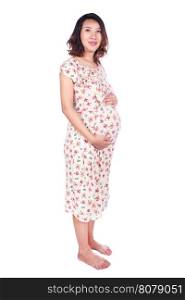 happy pregnant woman in dress isolated on white background
