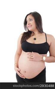 Happy pregnant woman looking away, isolated on white background