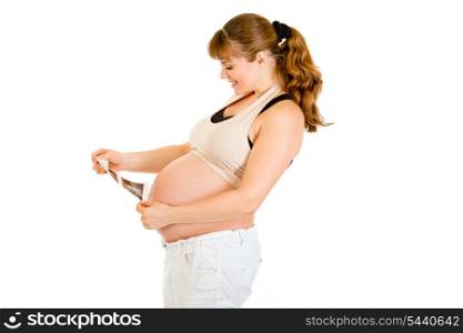 Happy pregnant woman looking echo isolated on white background&#xA;