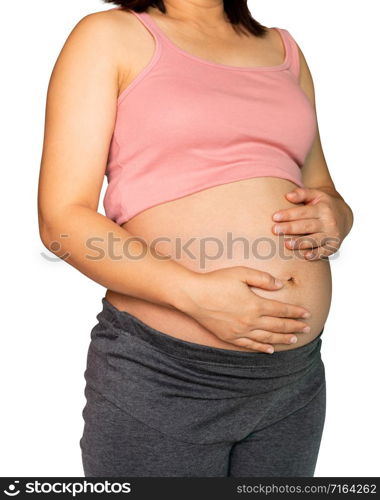 Happy pregnant woman taking care of her child isolated on white background. The young expecting mother holding baby in pregnant belly. Maternity prenatal care and woman pregnancy concept.