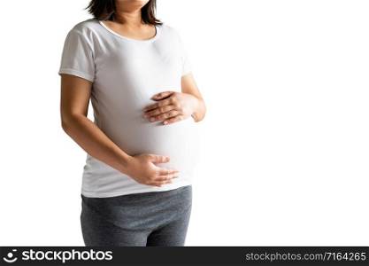 Happy pregnant woman taking care of her child isolated on white background. The young expecting mother holding baby in pregnant belly. Maternity prenatal care and woman pregnancy concept.