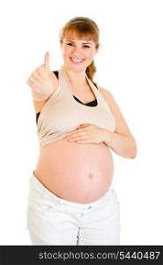 Happy pregnant woman touching her tummy and showing thumbs up gesture isolated on white&#xA;