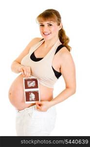 Happy pregnant woman with echo in hands isolated on white&#xA;
