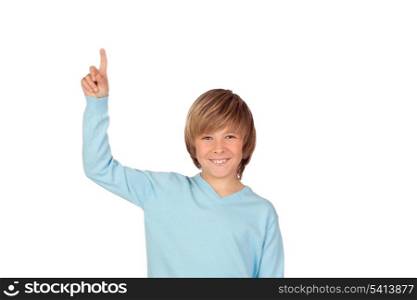 Happy preteen boy asking to speak isolated on a over white background