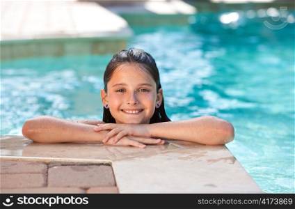 Happy Pretty Girl Child Smiling In Swimming Pool