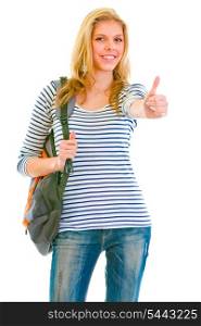 Happy pretty girl with backpack showing thumbs up gesture isolated on white &#xA;