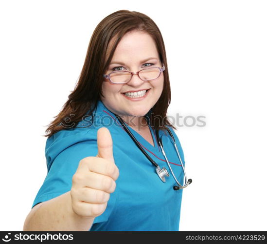 Happy, pretty nurse giving a thumbs-up sign. Isolated on white.
