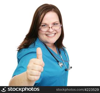 Happy, pretty nurse giving a thumbs-up sign. Isolated on white.