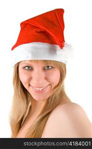 Happy pretty santa woman isolated on white background