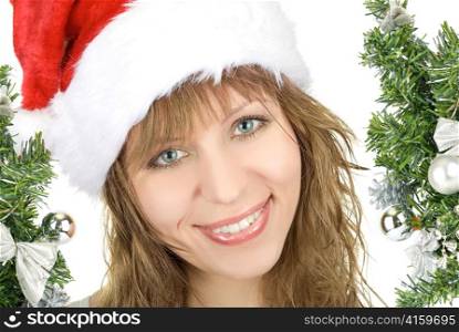Happy pretty santa woman on firtree background