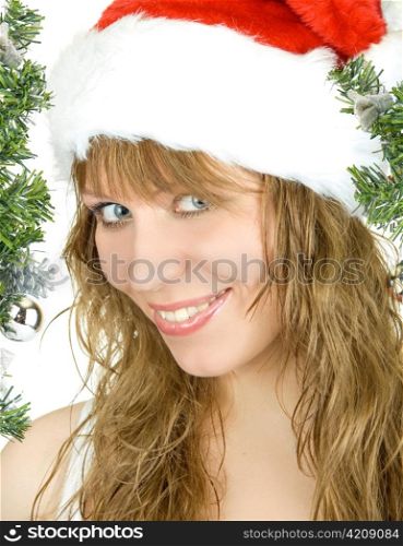 Happy pretty santa woman on firtree background