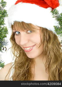 Happy pretty santa woman on firtree background