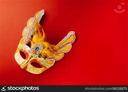 Happy Purim carnival. Carnival mask for Mardi Gras celebration isolated on red background banner design with copy space, jewish holiday, Purim in Hebrew holiday carnival ball, Venetian mask