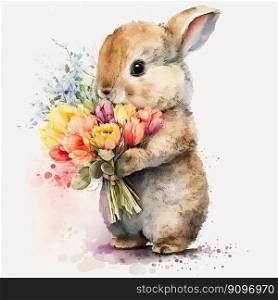 Happy rabbit holding flowers on white background. Easter concept. Generative AI