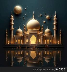 Happy ramadan kareem, eid mubarak, fitr. 3d of mosque, moon, geometric arabic pattern for background, sale poster or greeting card.