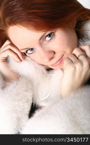 happy red hair girl in fur