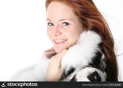 happy red hair girl in fur