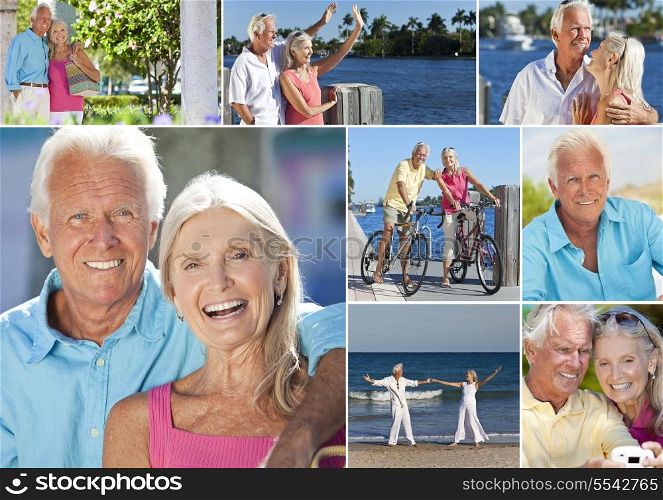 Happy retirement senior man and woman couple on an active romantic vacation together cycling and at the beach in summer sunshine