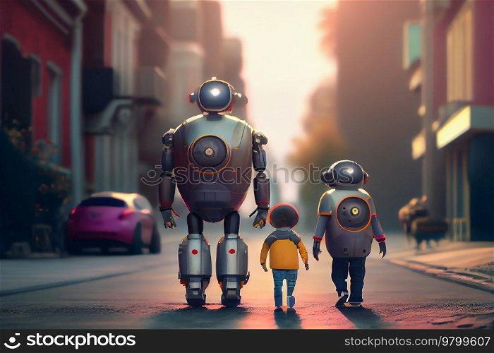 Happy robots family walking in the street of big futuris. Illustration AI Generative 