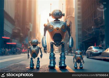 Happy robots family walking in the street of big futuris. Illustration AI Generative 