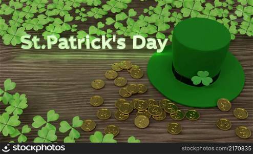 Happy Saint Patrick&rsquo;s Day with leprechaun hat and golden coin, illuminate text with green fresh clover leaves and wood plank background 3D rendering illustration