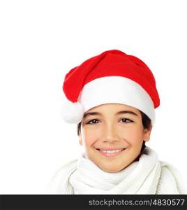 Happy Santa boy smiling, portrait of a cute teen face isolated on white backgroung, kid wearing red Christmas hat, winter holidays celebration