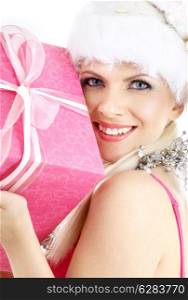 happy santa helper girl with pink gift box