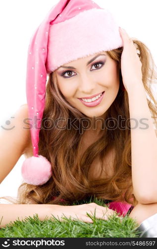 happy santa helper in pink hat over white