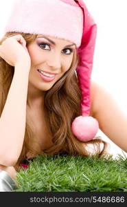 happy santa helper in pink hat over white