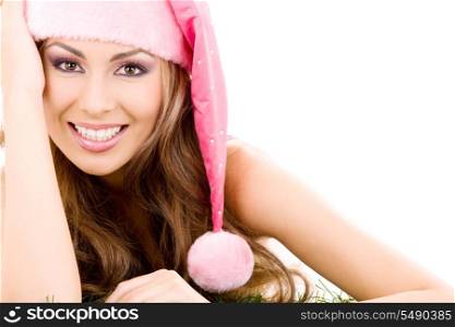 happy santa helper in pink hat over white