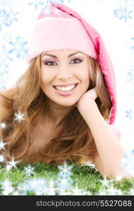 happy santa helper in pink hat with snowflakes