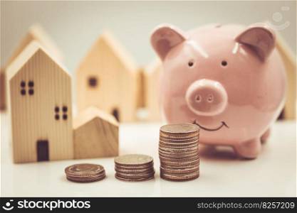 Happy saving money for home concept. Piggy bank with money and home model vintage color tone.