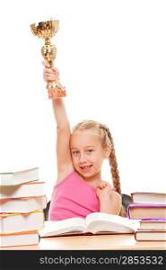 Happy schoolgirl with a golden cup