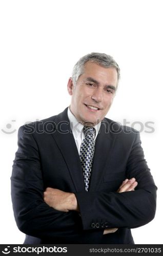 happy senior businessman smiling gray hair black suit white background