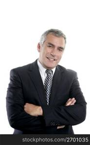 happy senior businessman smiling gray hair black suit white background