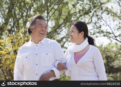Happy senior couple holding hands and going for a walk in the park in springtime, Beijing