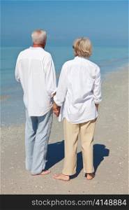 Happy Senior Couple Holdings Hands on A Tropical Beach